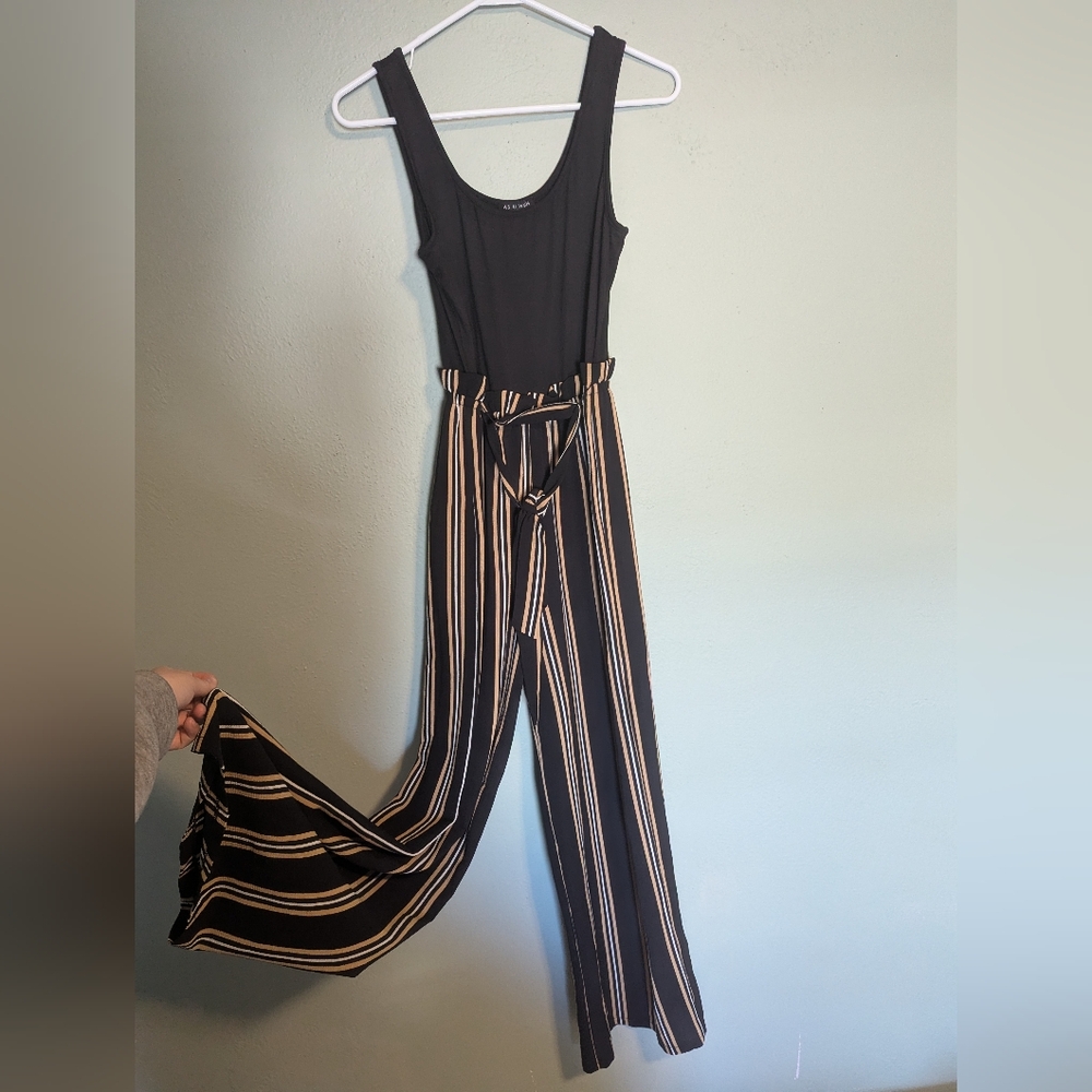 black top & striped yellow pant jumpsuit M
